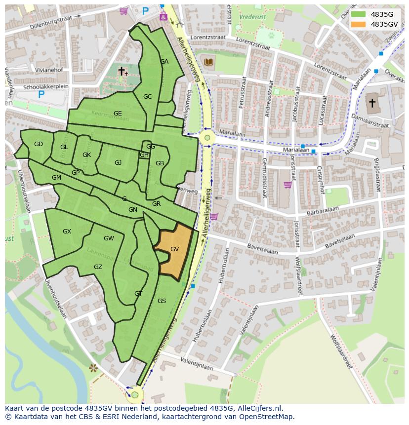 Afbeelding van het postcodegebied 4835 GV op de kaart.