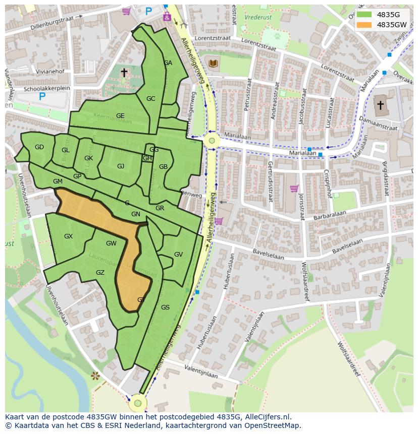 Afbeelding van het postcodegebied 4835 GW op de kaart.