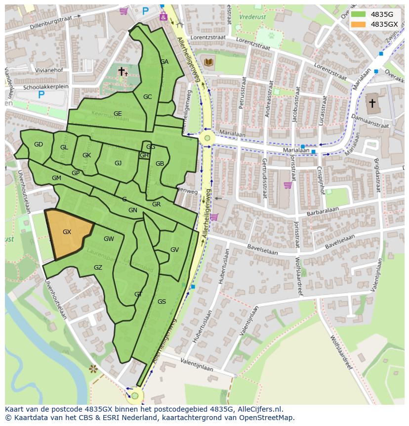Afbeelding van het postcodegebied 4835 GX op de kaart.