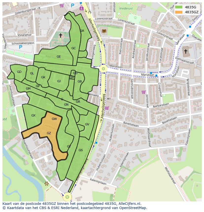 Afbeelding van het postcodegebied 4835 GZ op de kaart.