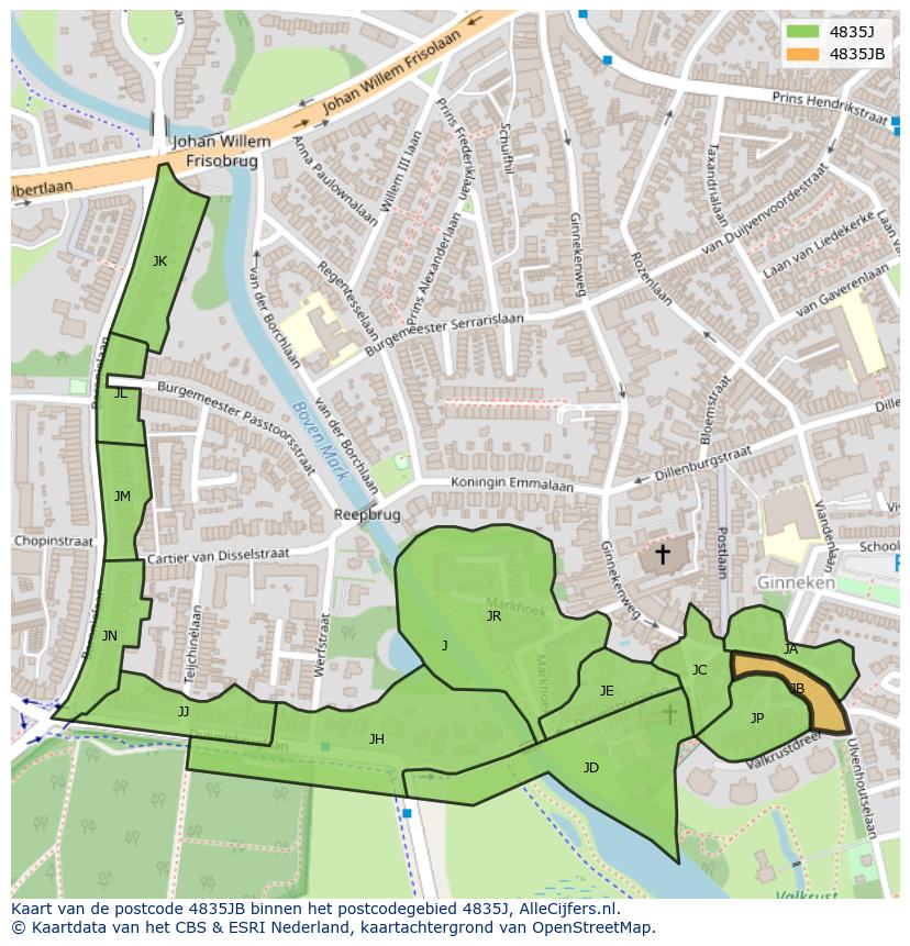 Afbeelding van het postcodegebied 4835 JB op de kaart.