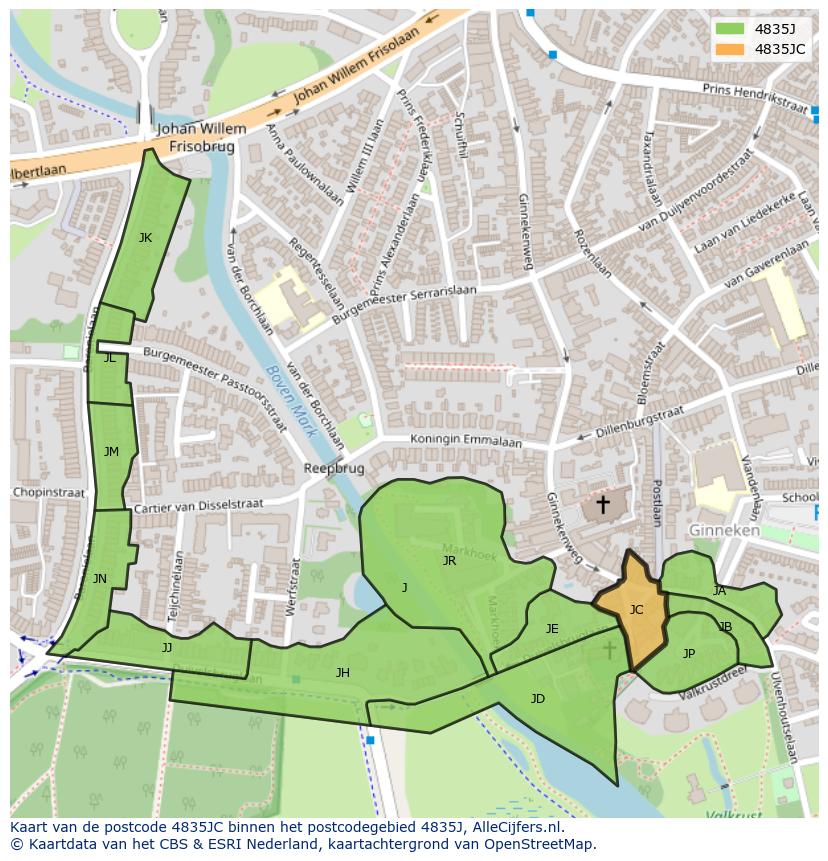 Afbeelding van het postcodegebied 4835 JC op de kaart.