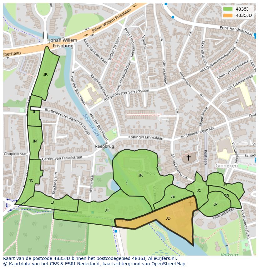 Afbeelding van het postcodegebied 4835 JD op de kaart.