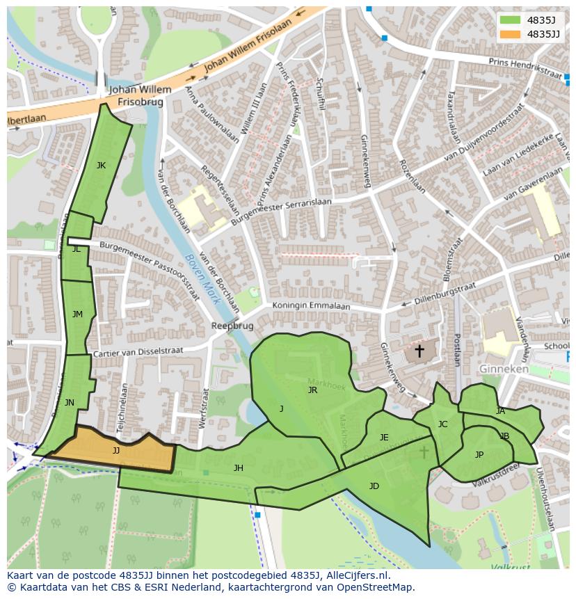 Afbeelding van het postcodegebied 4835 JJ op de kaart.