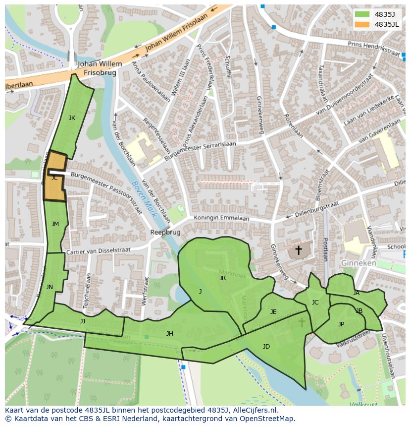 Afbeelding van het postcodegebied 4835 JL op de kaart.