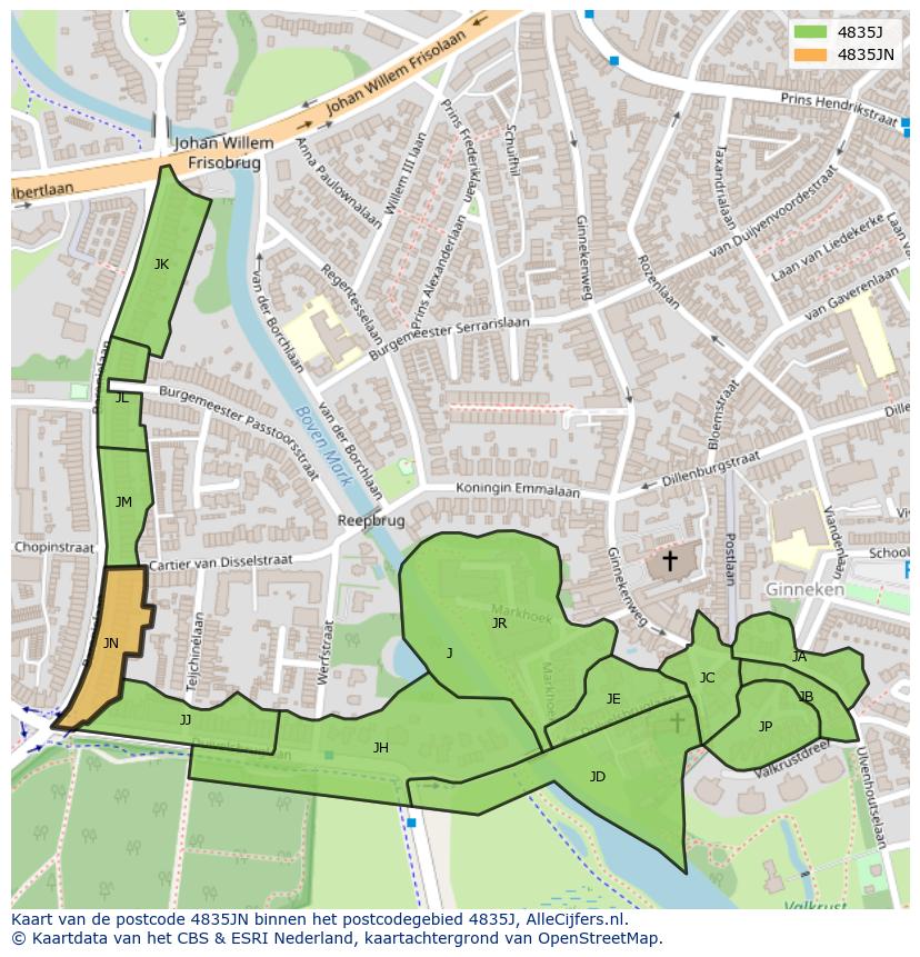 Afbeelding van het postcodegebied 4835 JN op de kaart.