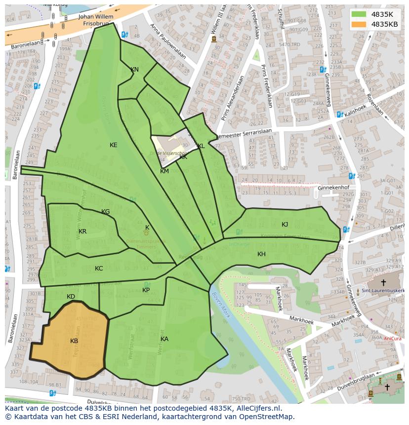 Afbeelding van het postcodegebied 4835 KB op de kaart.