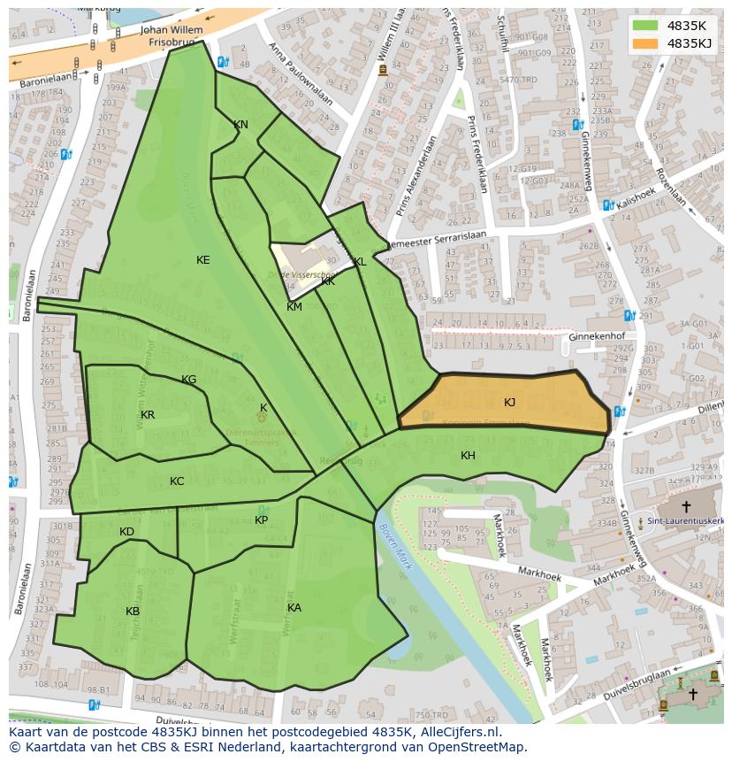 Afbeelding van het postcodegebied 4835 KJ op de kaart.