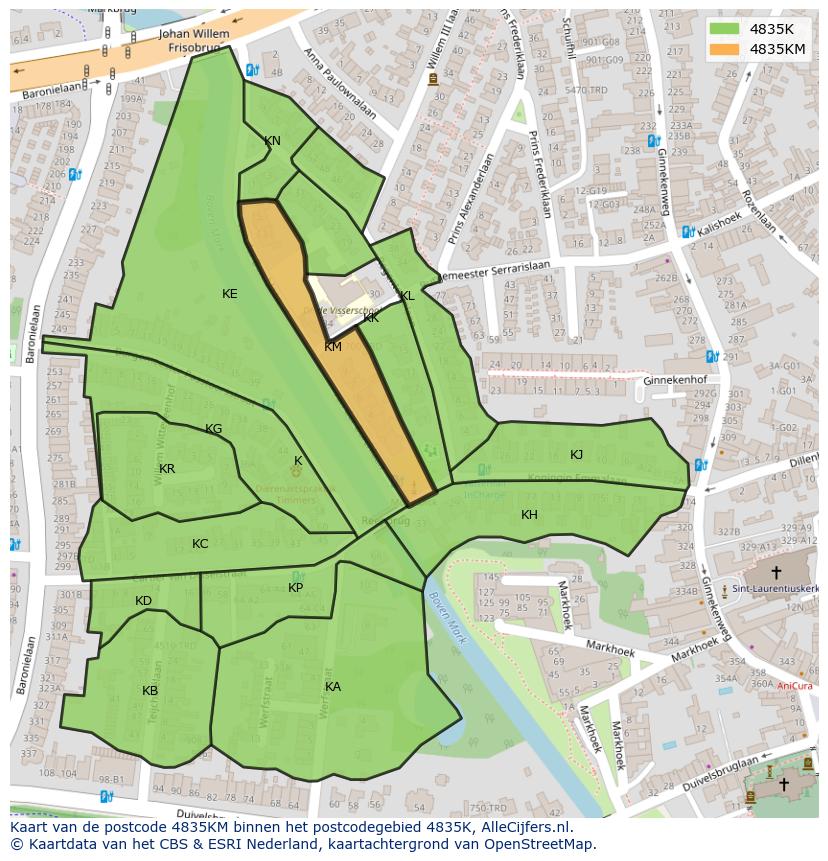 Afbeelding van het postcodegebied 4835 KM op de kaart.