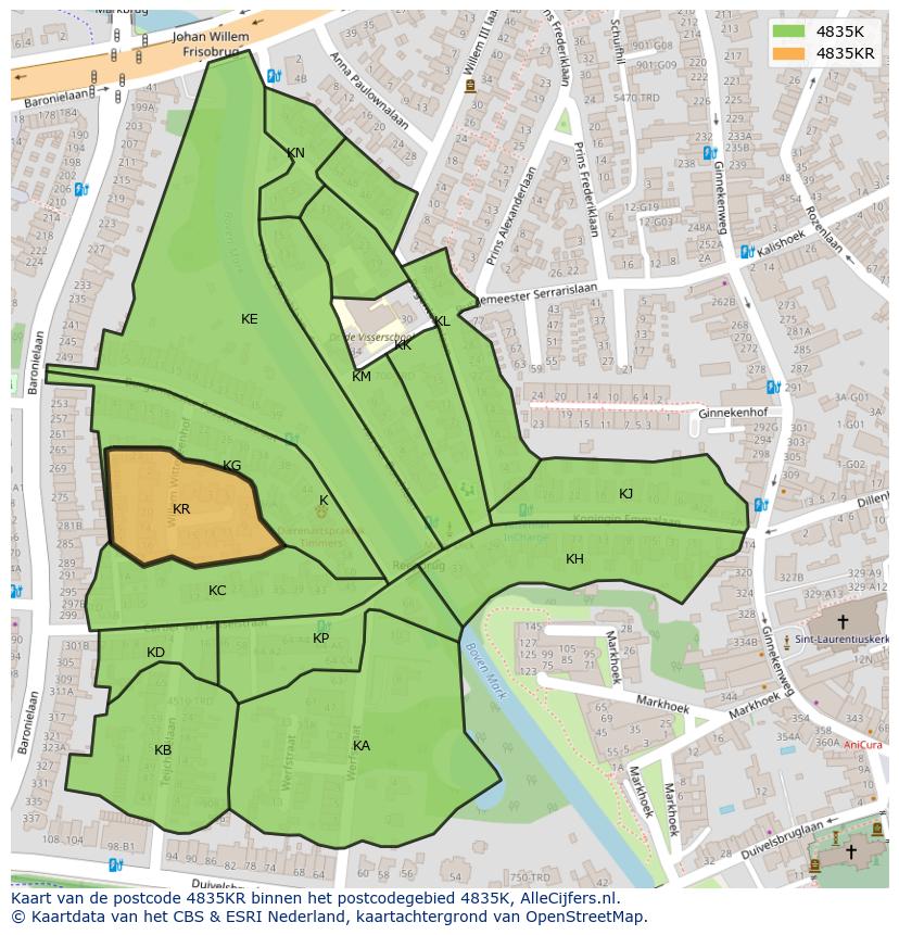 Afbeelding van het postcodegebied 4835 KR op de kaart.
