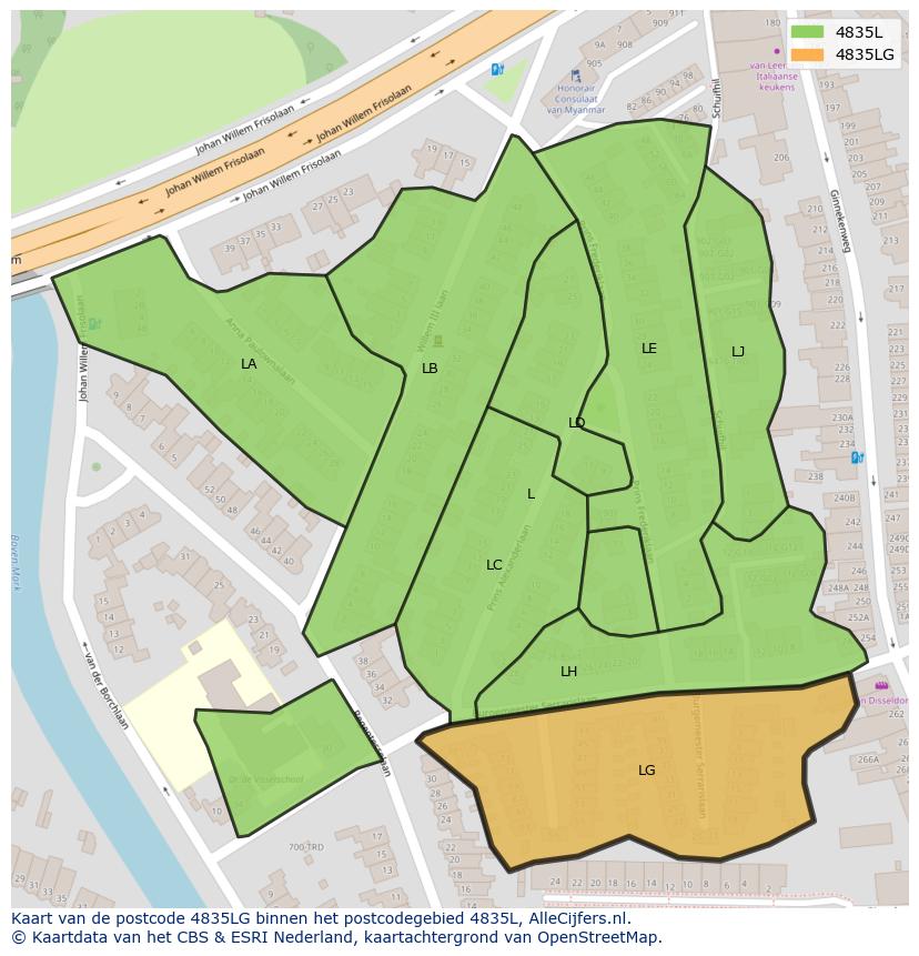 Afbeelding van het postcodegebied 4835 LG op de kaart.