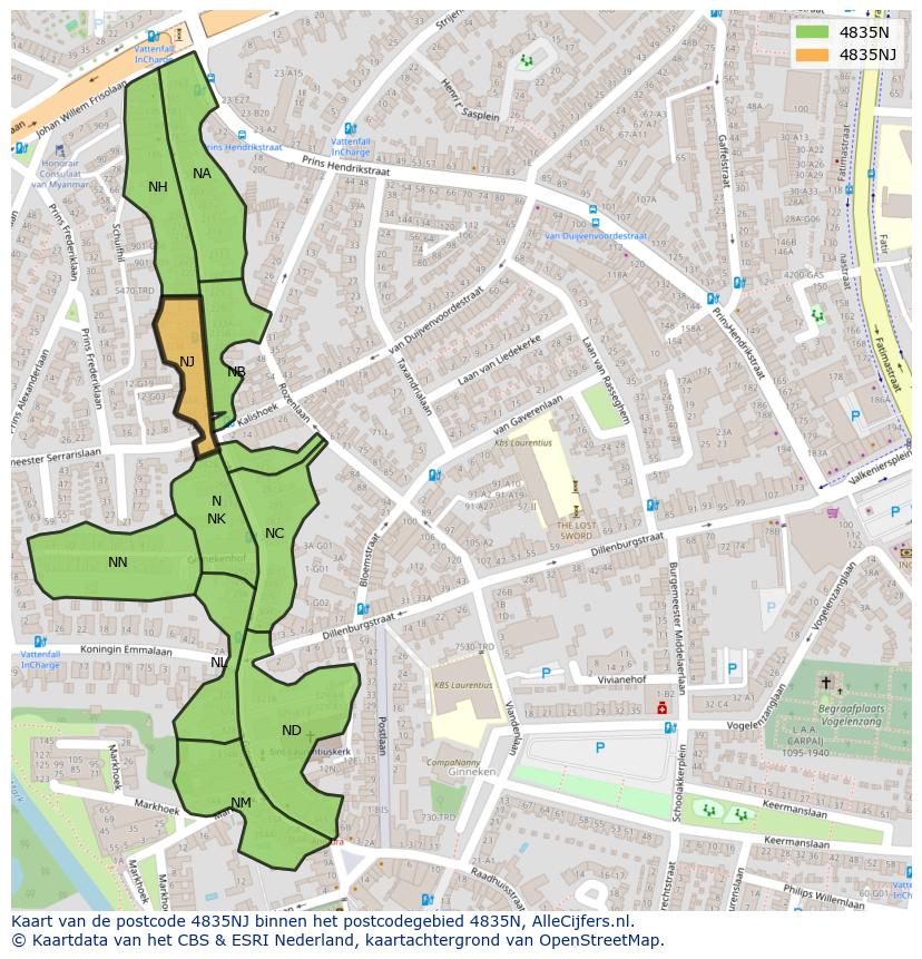 Afbeelding van het postcodegebied 4835 NJ op de kaart.