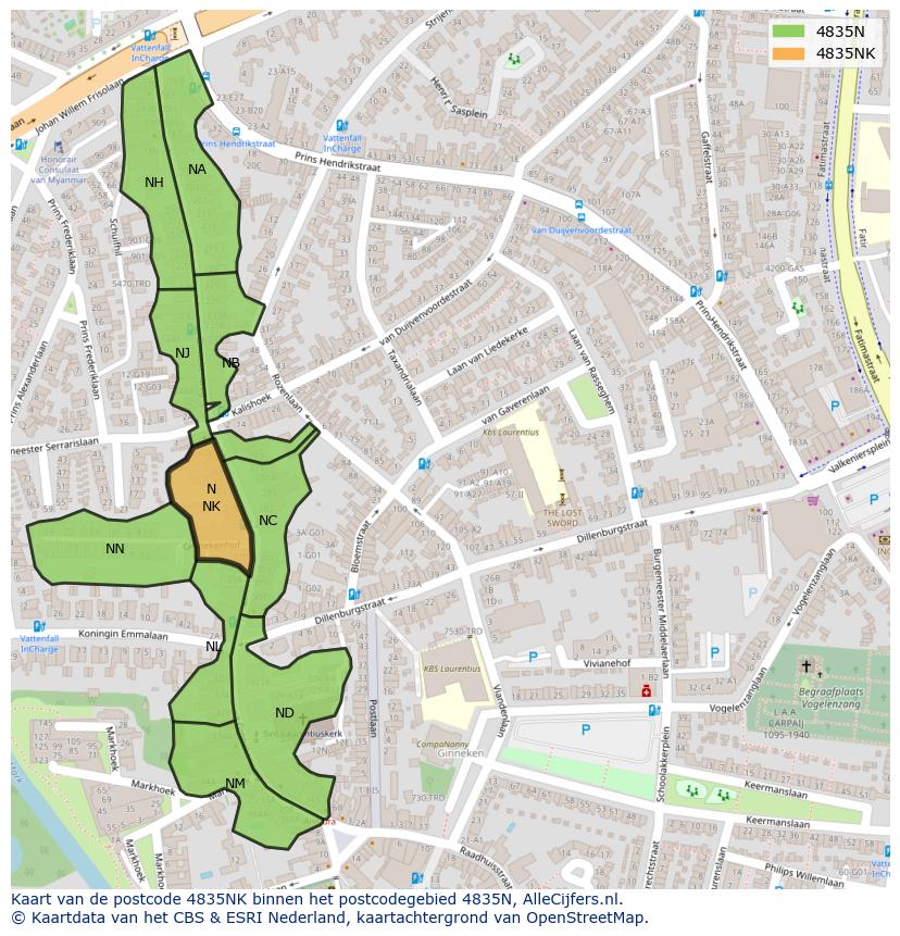 Afbeelding van het postcodegebied 4835 NK op de kaart.