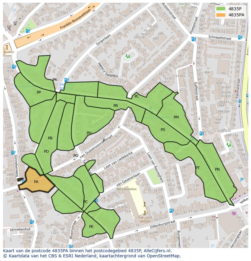 Afbeelding van het postcodegebied 4835 PA op de kaart.