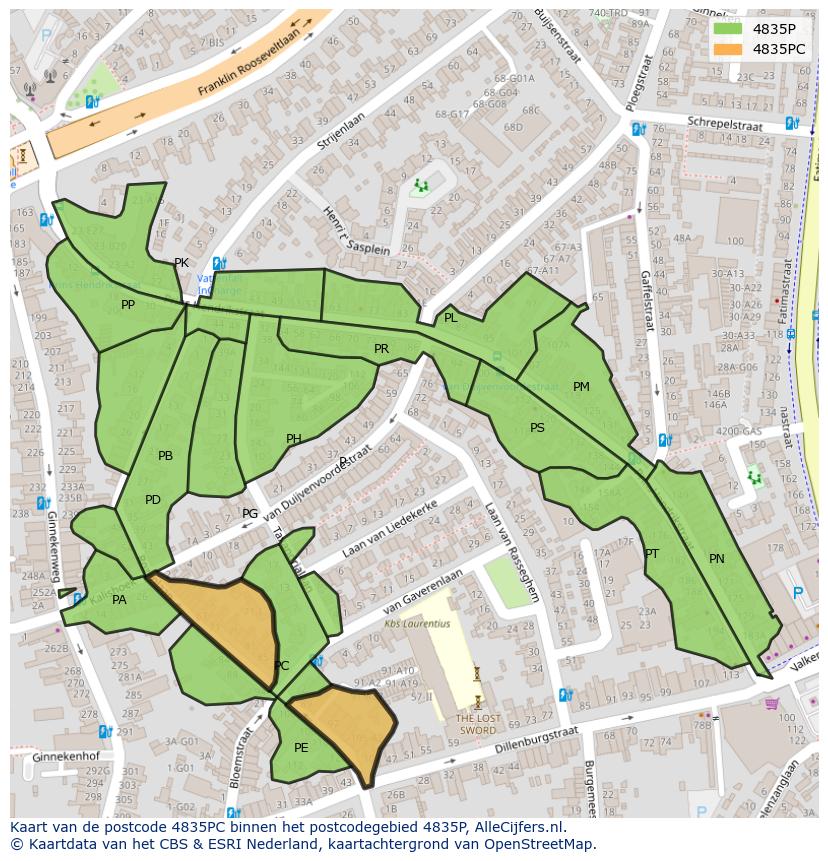 Afbeelding van het postcodegebied 4835 PC op de kaart.