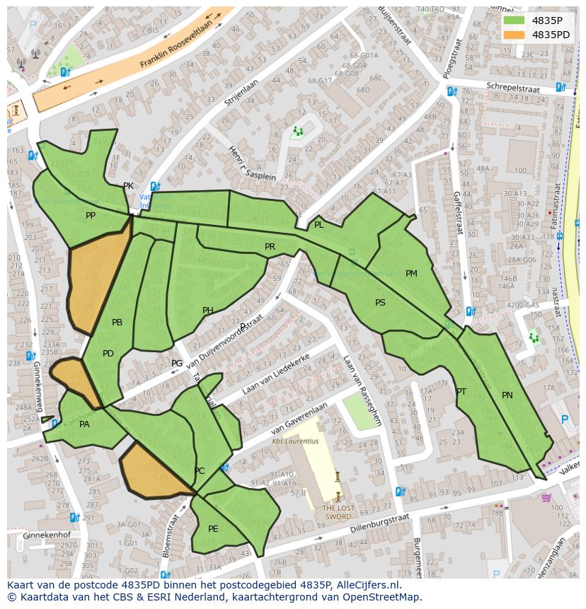 Afbeelding van het postcodegebied 4835 PD op de kaart.