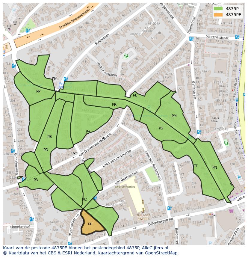 Afbeelding van het postcodegebied 4835 PE op de kaart.