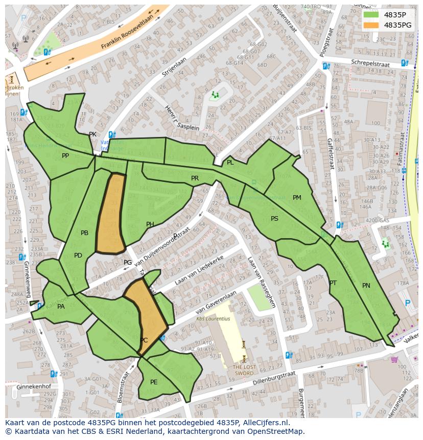 Afbeelding van het postcodegebied 4835 PG op de kaart.