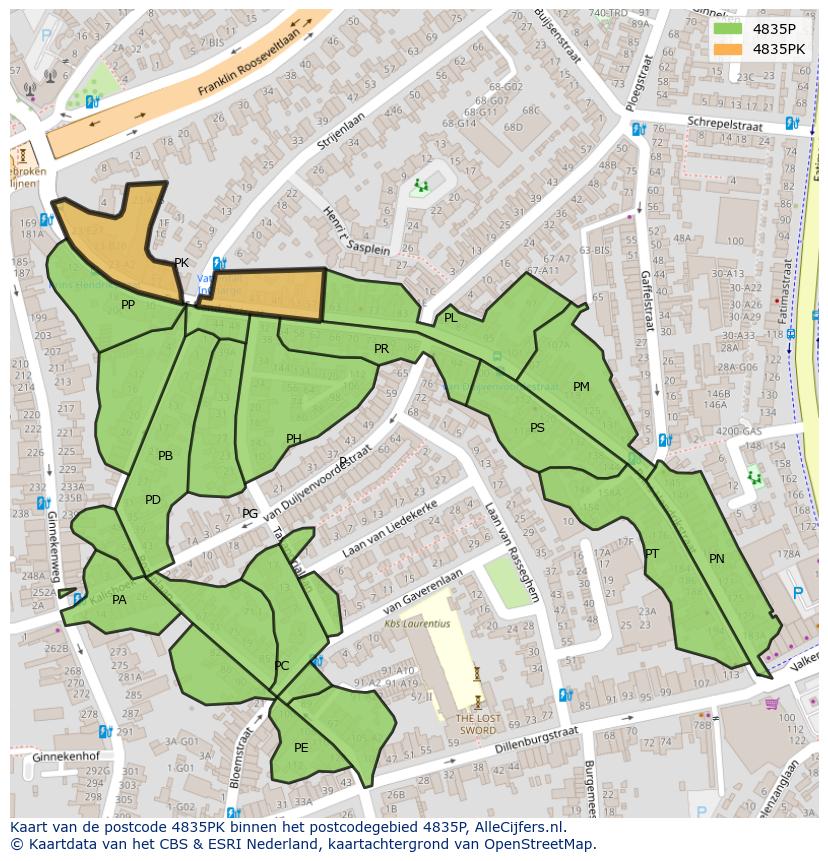 Afbeelding van het postcodegebied 4835 PK op de kaart.