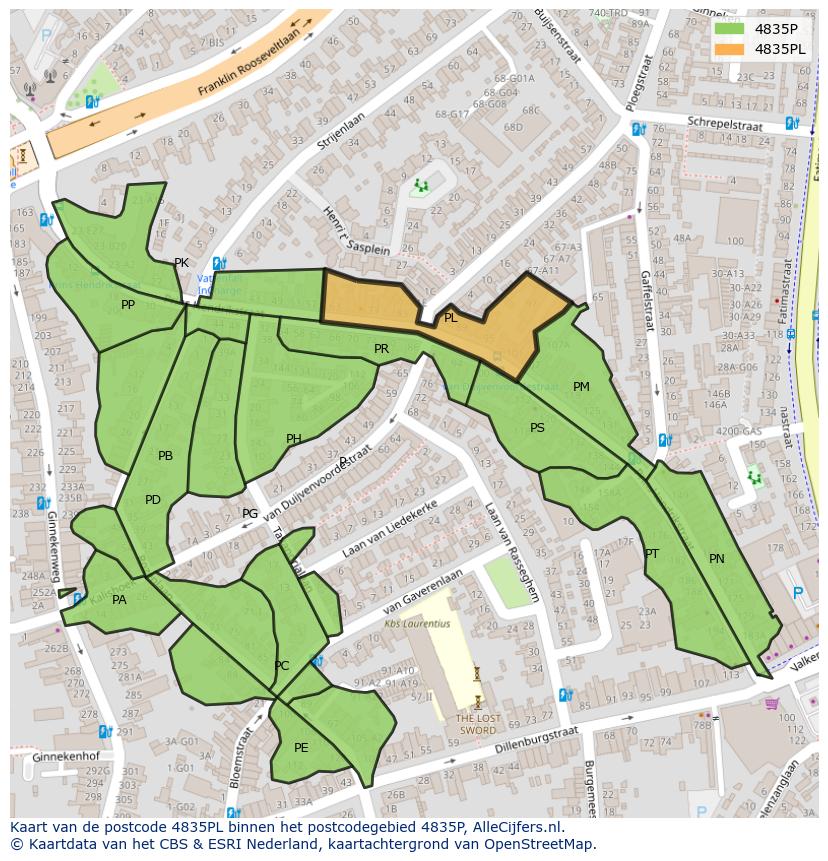 Afbeelding van het postcodegebied 4835 PL op de kaart.
