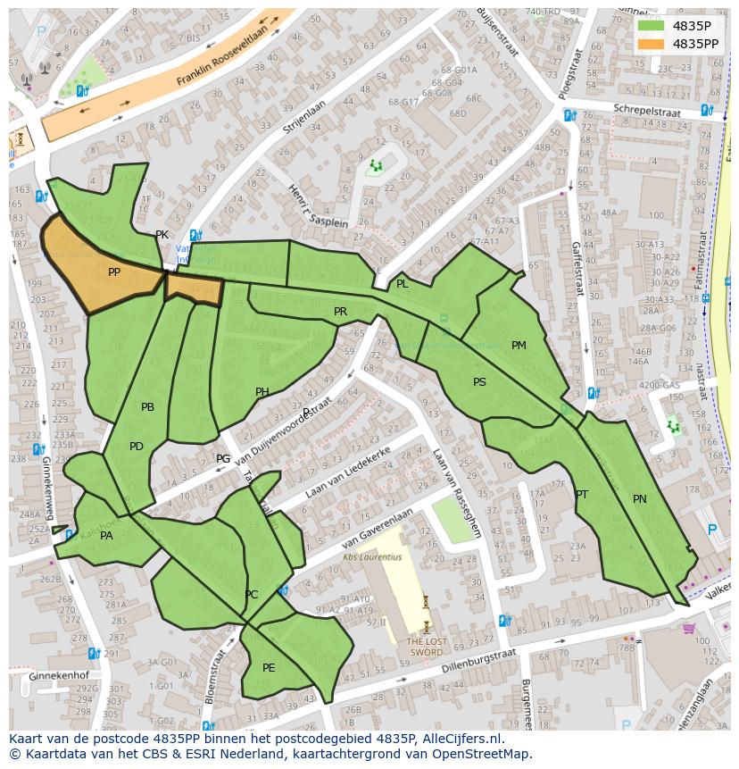 Afbeelding van het postcodegebied 4835 PP op de kaart.
