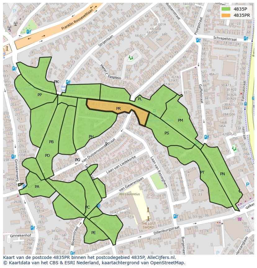 Afbeelding van het postcodegebied 4835 PR op de kaart.