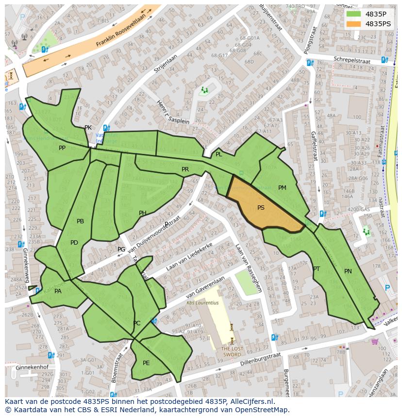 Afbeelding van het postcodegebied 4835 PS op de kaart.