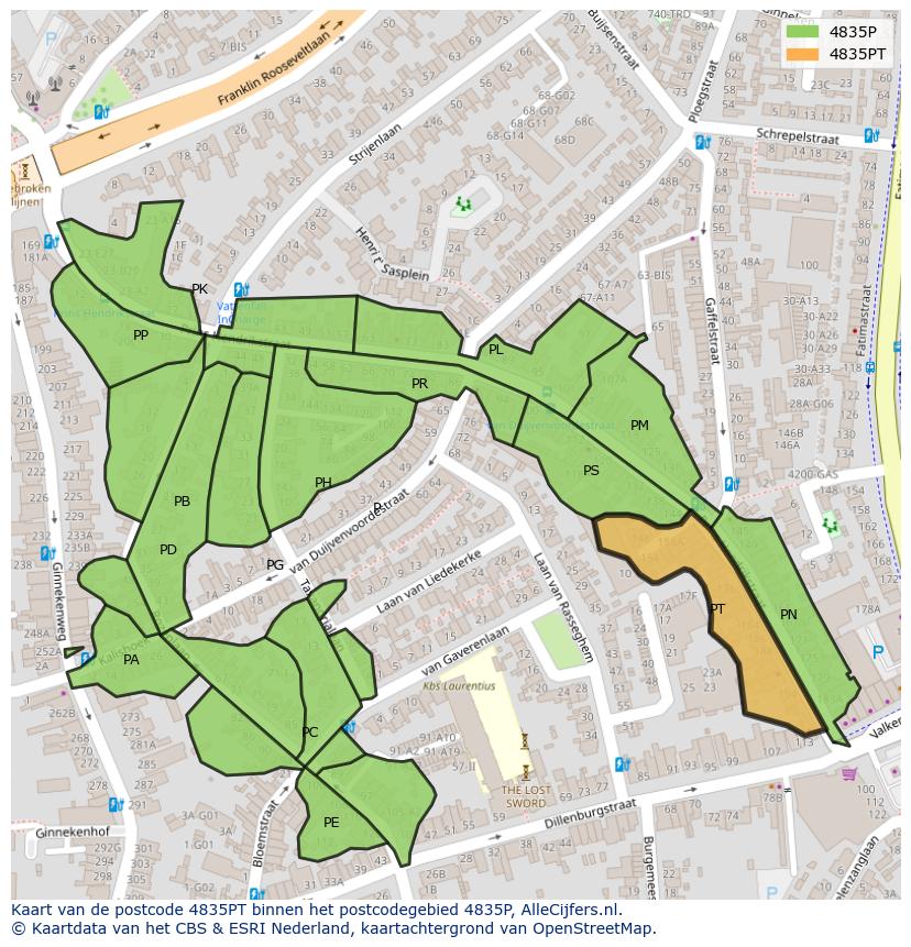 Afbeelding van het postcodegebied 4835 PT op de kaart.