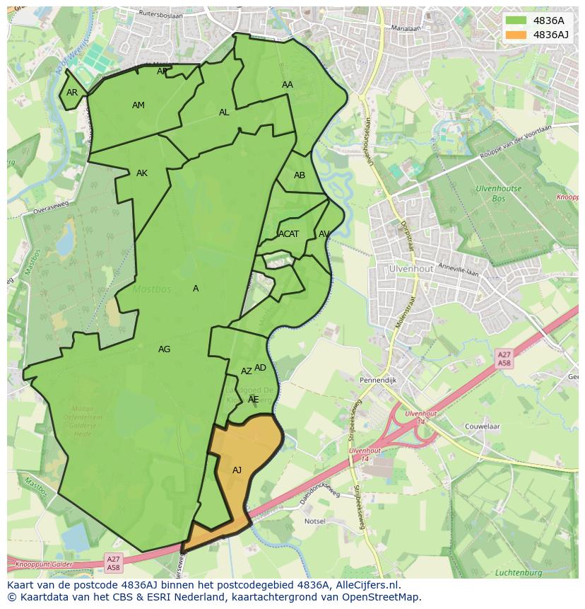Afbeelding van het postcodegebied 4836 AJ op de kaart.