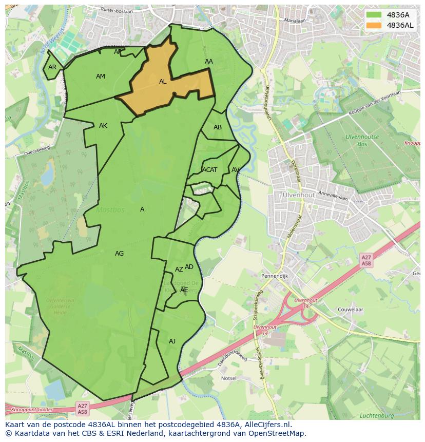 Afbeelding van het postcodegebied 4836 AL op de kaart.