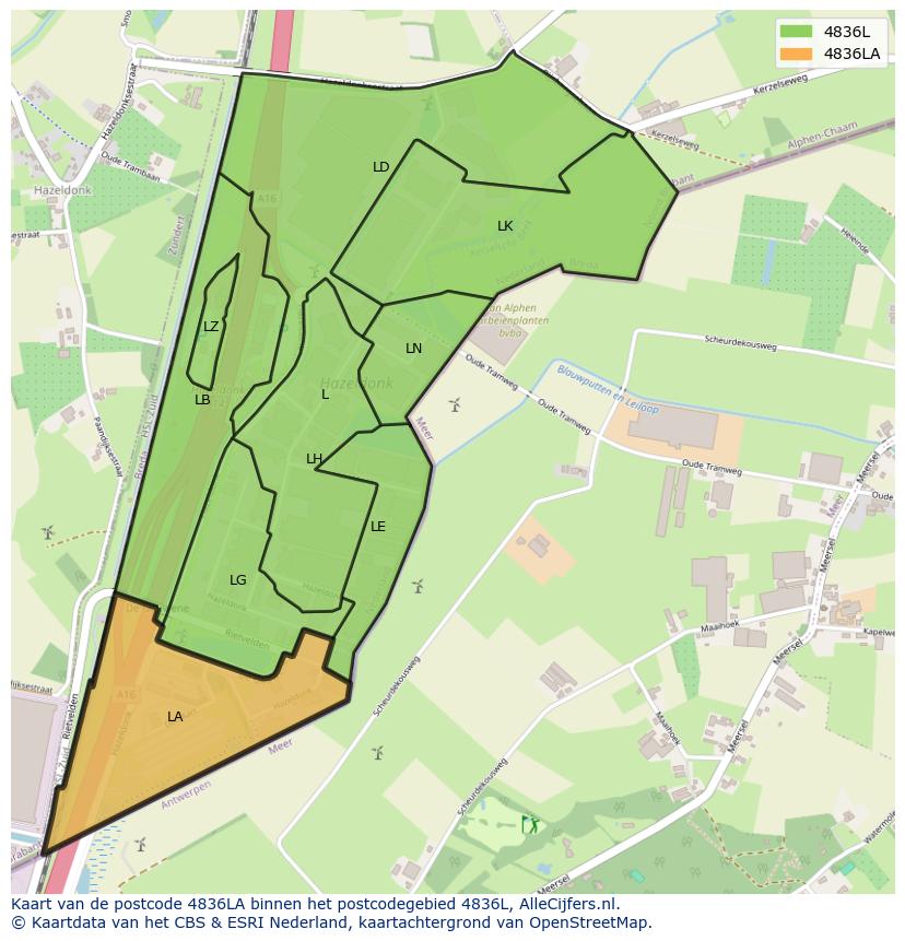 Afbeelding van het postcodegebied 4836 LA op de kaart.