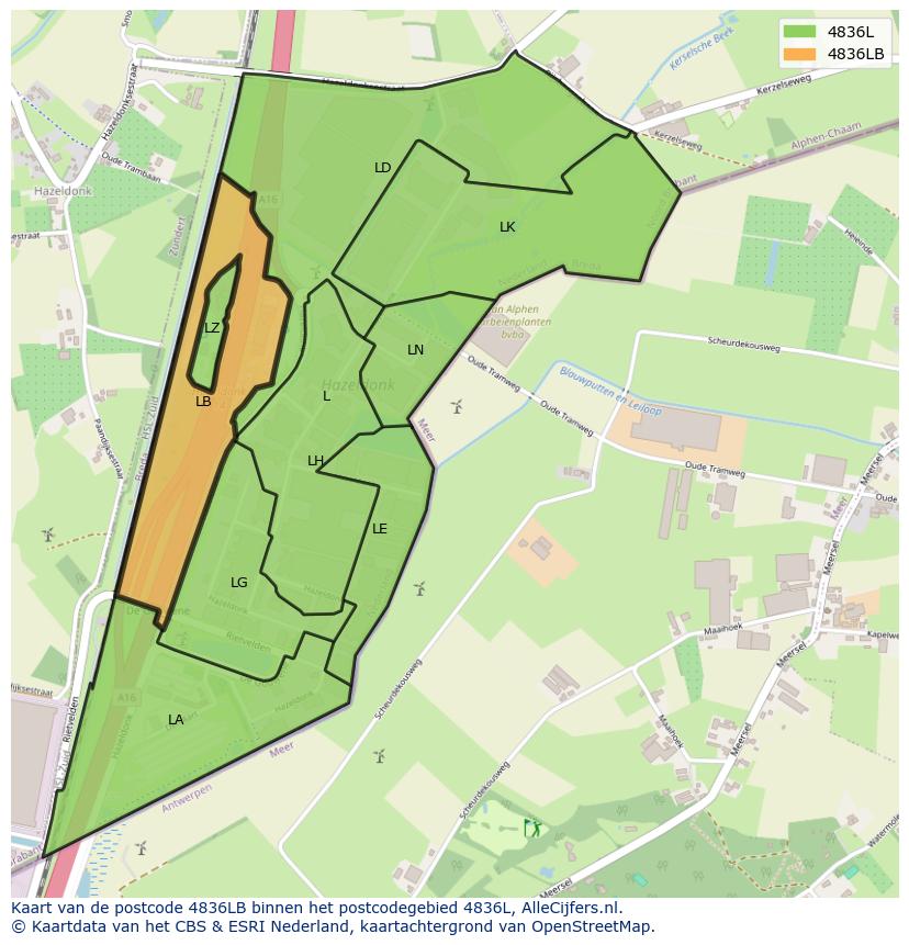 Afbeelding van het postcodegebied 4836 LB op de kaart.