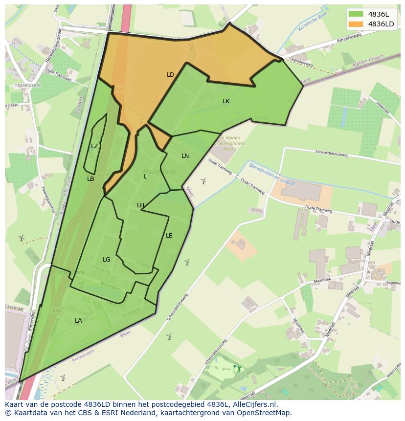 Afbeelding van het postcodegebied 4836 LD op de kaart.
