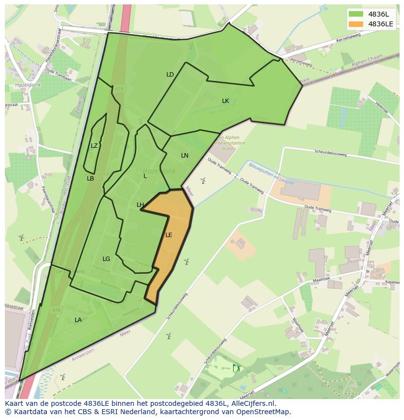 Afbeelding van het postcodegebied 4836 LE op de kaart.