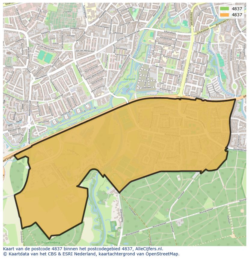 Afbeelding van het postcodegebied 4837 op de kaart.