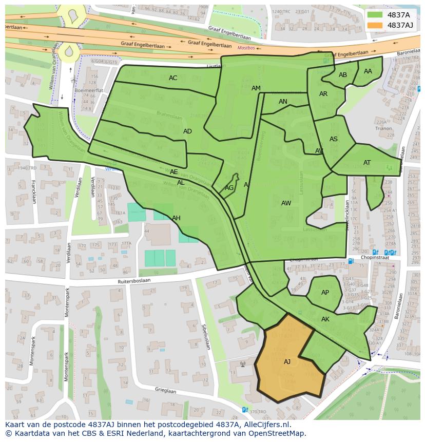 Afbeelding van het postcodegebied 4837 AJ op de kaart.