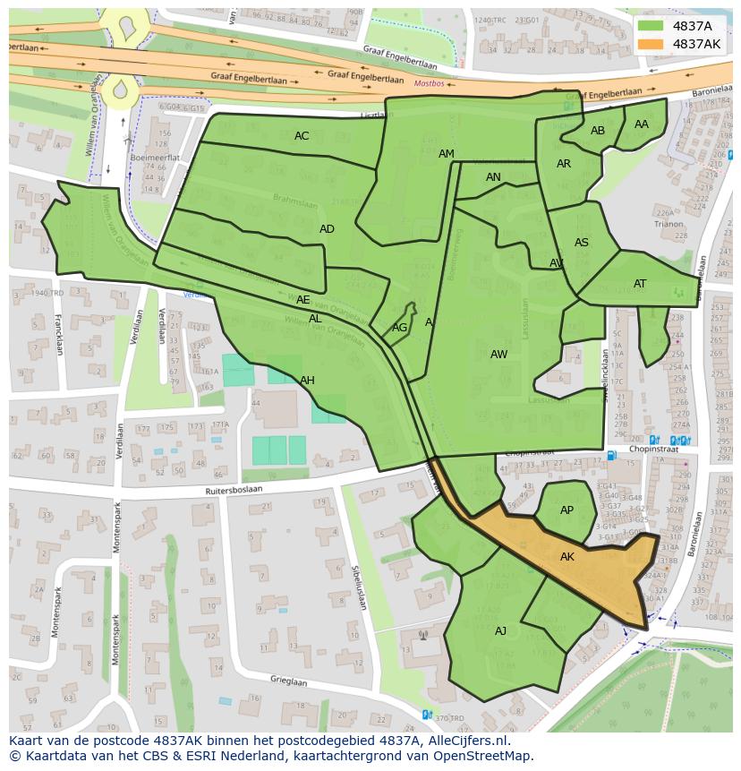Afbeelding van het postcodegebied 4837 AK op de kaart.
