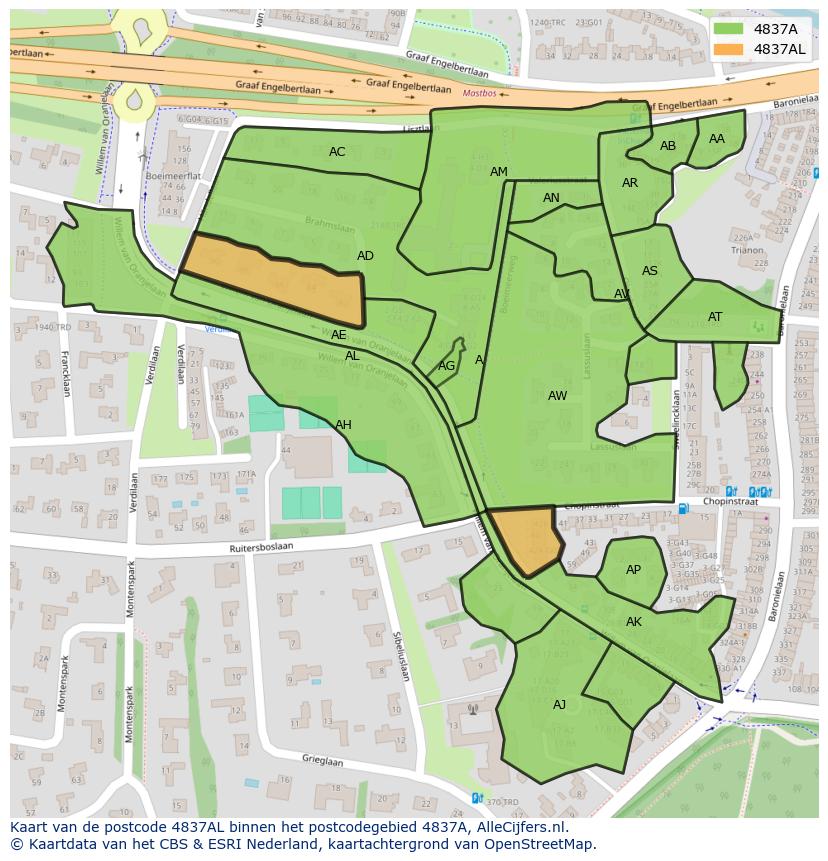 Afbeelding van het postcodegebied 4837 AL op de kaart.