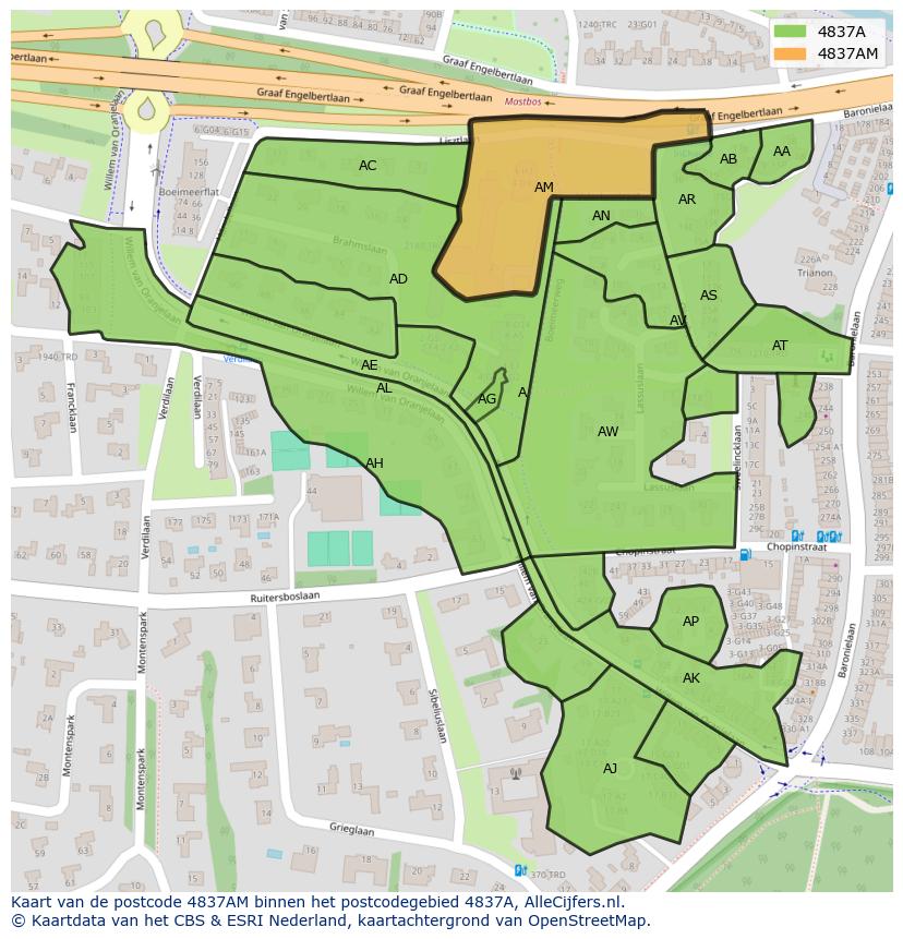 Afbeelding van het postcodegebied 4837 AM op de kaart.