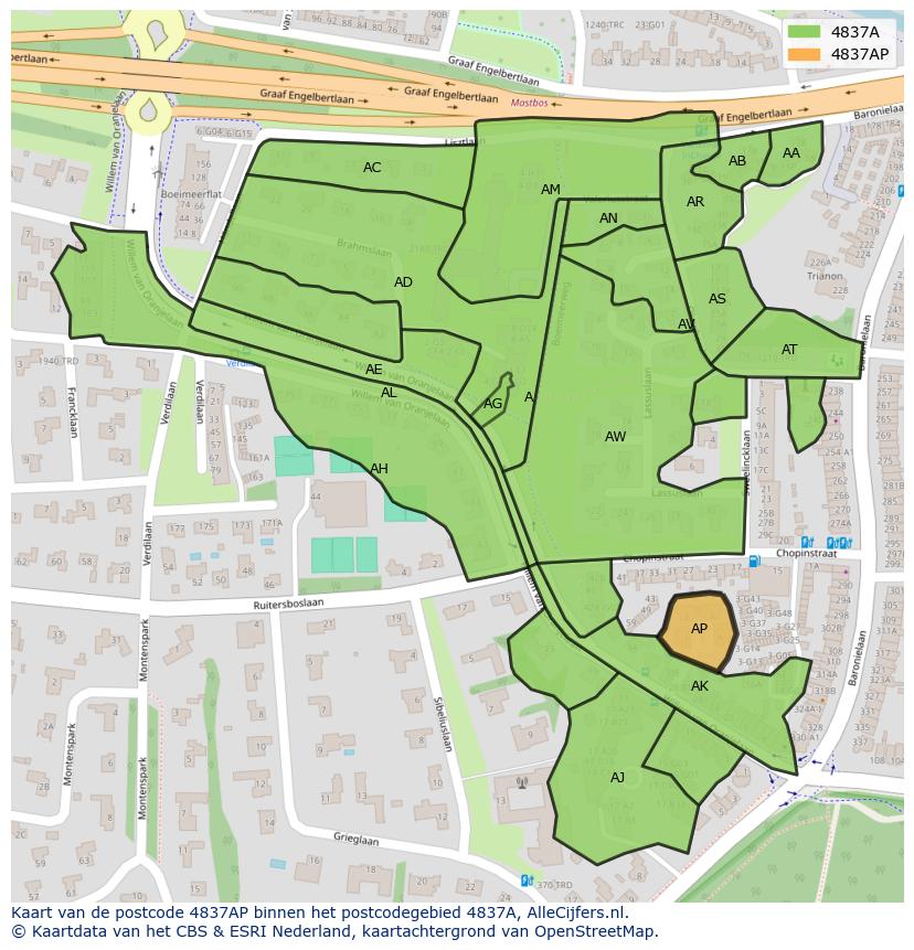 Afbeelding van het postcodegebied 4837 AP op de kaart.