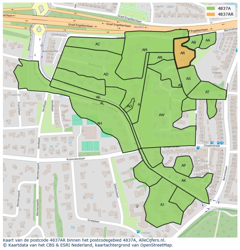 Afbeelding van het postcodegebied 4837 AR op de kaart.