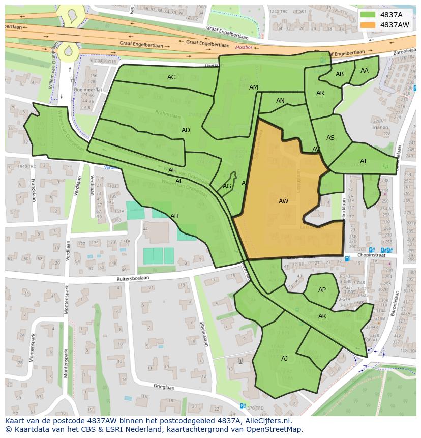 Afbeelding van het postcodegebied 4837 AW op de kaart.