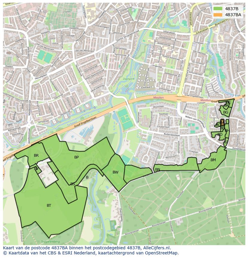 Afbeelding van het postcodegebied 4837 BA op de kaart.