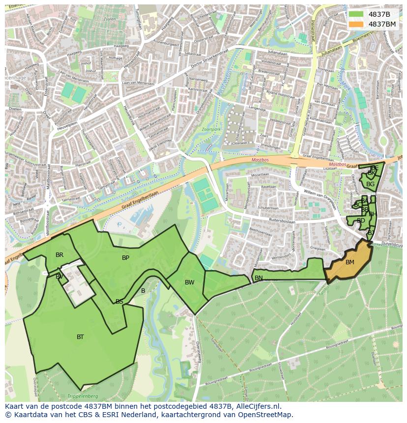 Afbeelding van het postcodegebied 4837 BM op de kaart.