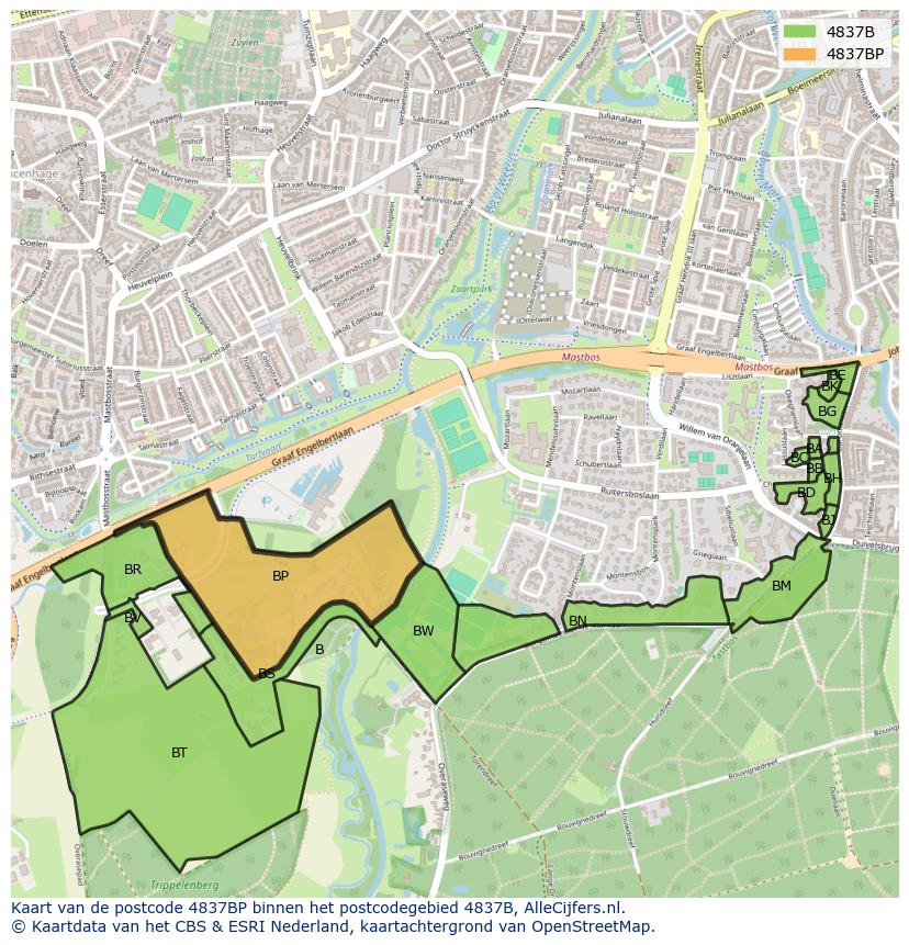 Afbeelding van het postcodegebied 4837 BP op de kaart.