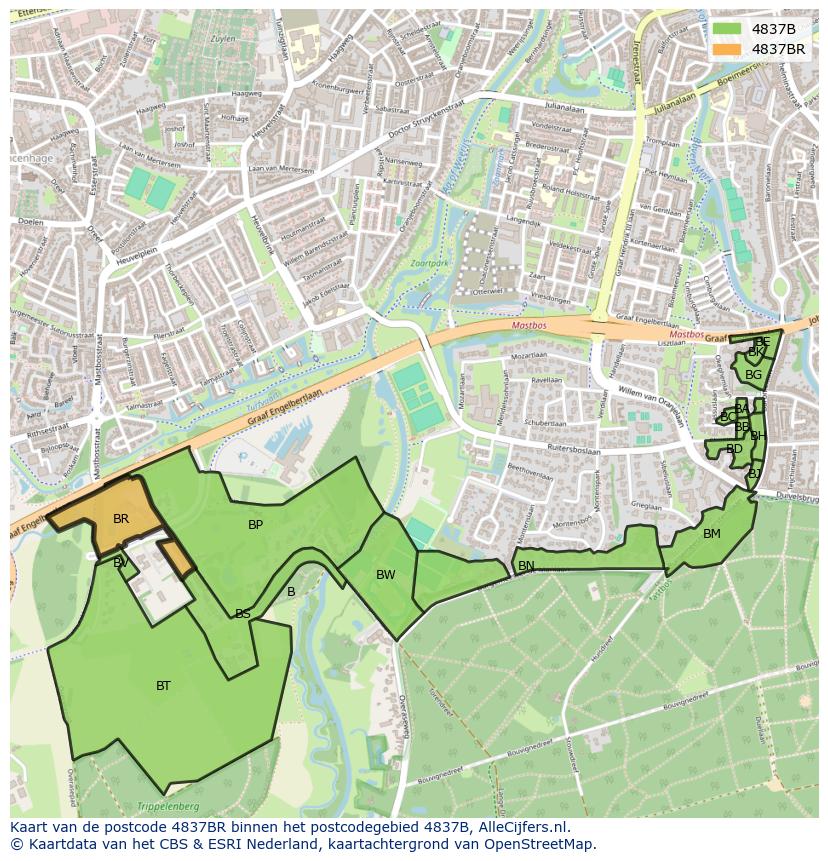 Afbeelding van het postcodegebied 4837 BR op de kaart.