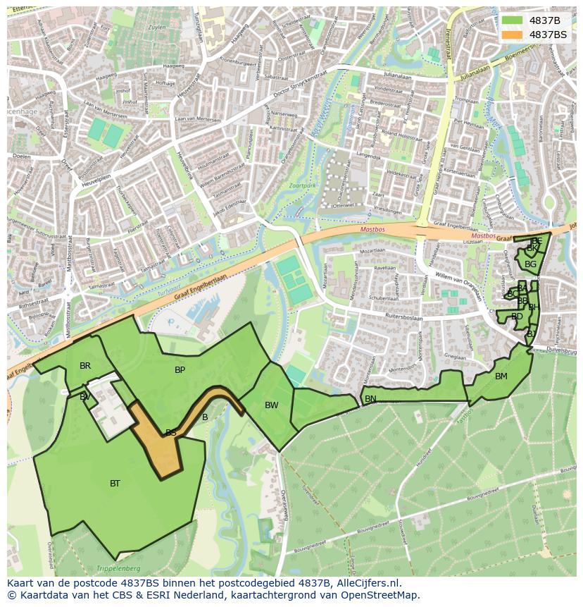 Afbeelding van het postcodegebied 4837 BS op de kaart.