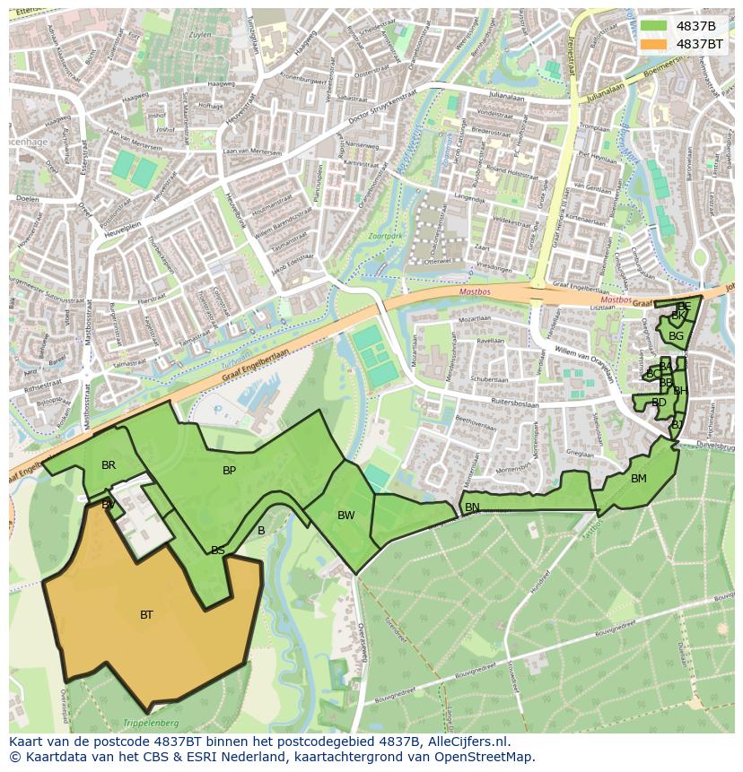 Afbeelding van het postcodegebied 4837 BT op de kaart.