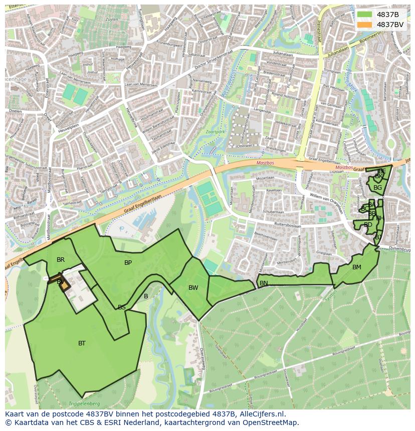 Afbeelding van het postcodegebied 4837 BV op de kaart.