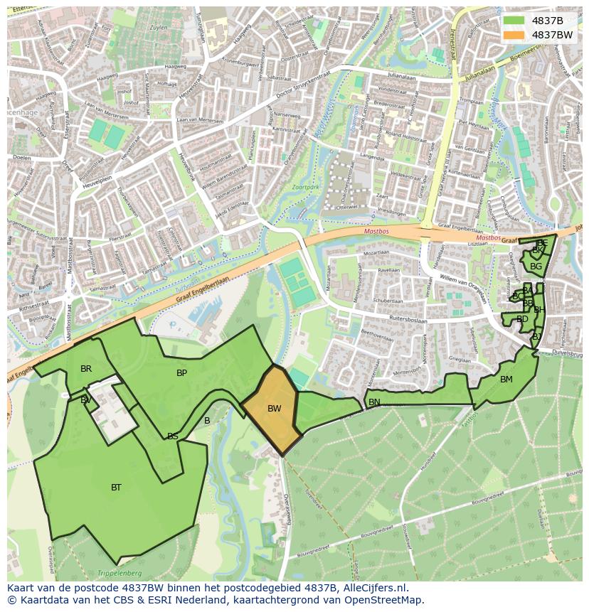 Afbeelding van het postcodegebied 4837 BW op de kaart.
